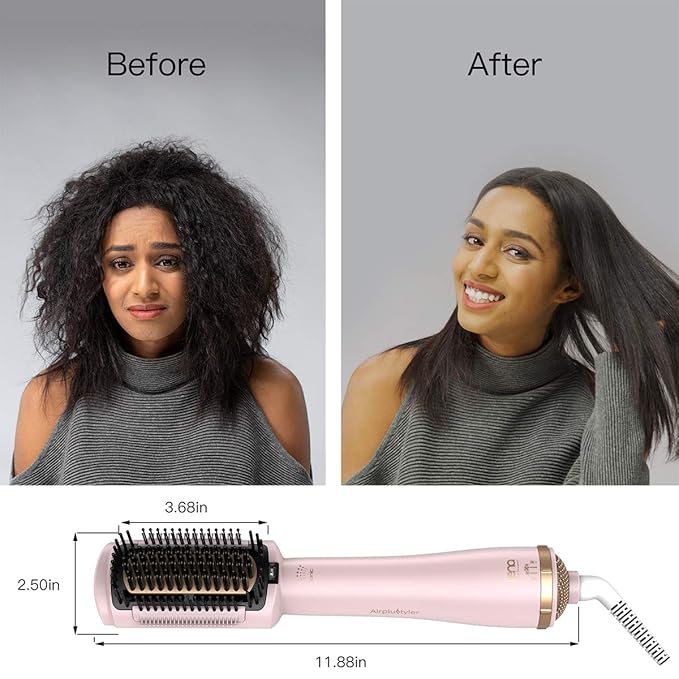 LENA Hair Straightener Brush Dryer PRO Blow Dryer Hot Air Brush - Anti-Scald Straightening Iron Comb Styler with Extra Ion Care, Far Infrared Heating and 3 Modes for Long & Medium Length Hair, Pink