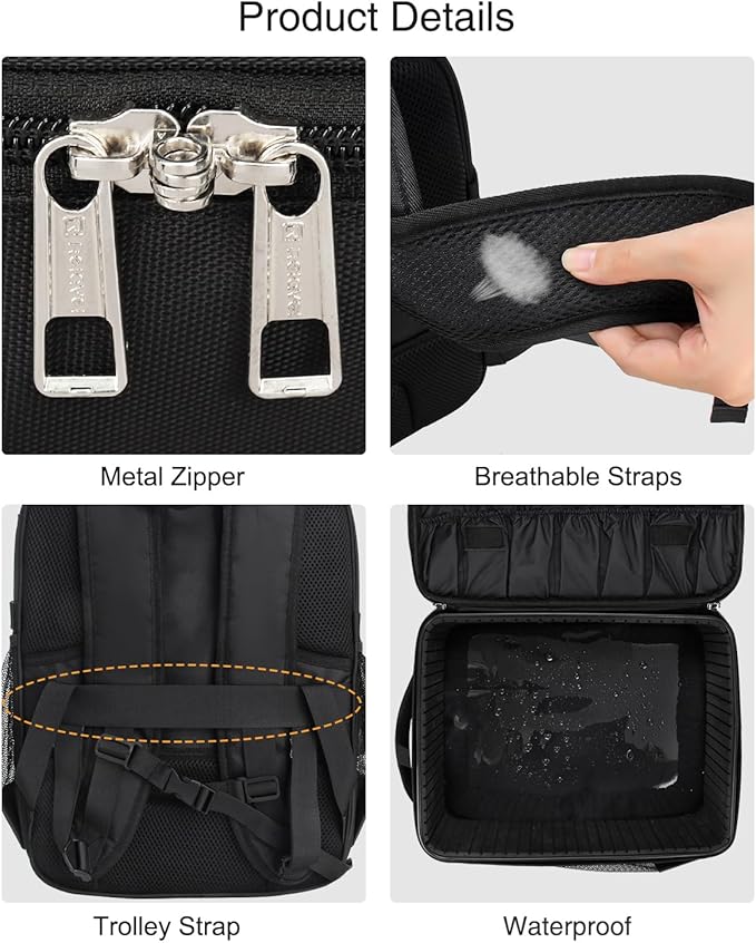 Makeup Backpack Professional Cosmetic Artist Bag Extra Large Travel Train Case Storage Organizer Double-Layer Cosmetic Case with 8 Pouch &Adjustable Divider (Black)
