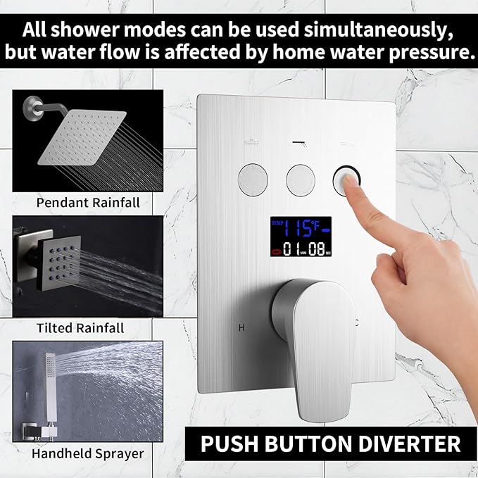 HONGTONGSOWER Bathroom Rainfall Shower System Wall Mount 8 Inch Shower Head With Handled Spray 6 Pcs jets Temperature Display Shower Faucet Set (Brushed Nickel)