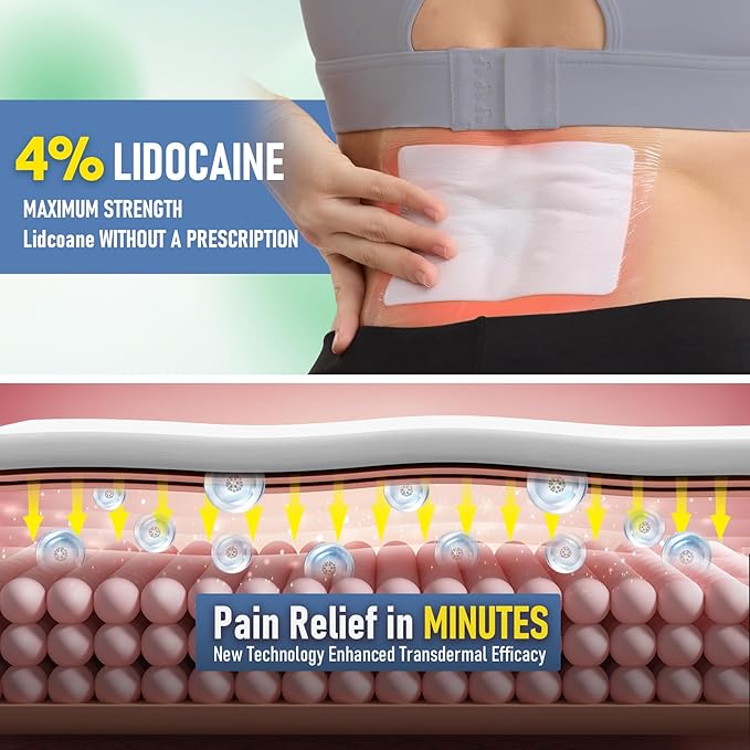 CARELAND 4% Lidocaine Patches 18 Pcs Waterproof Maximum Strength Back Pain Relief Products Patches with Strong Adhesive Border, for Neck Knee Nerve Shoulder Pain Relief Muscle Relaxer, Super Sticky