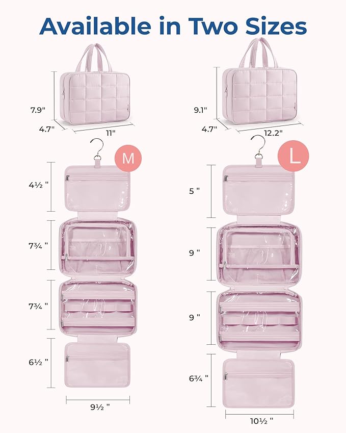 BAGSMART Travel Toiletry Bag with Jewelry Organizer, Hanging Travel Bag for Toiletries, Puffy Makeup Cosmetic Bag Organizer, Carry-on Travel Accessories Essentials, Pink-L