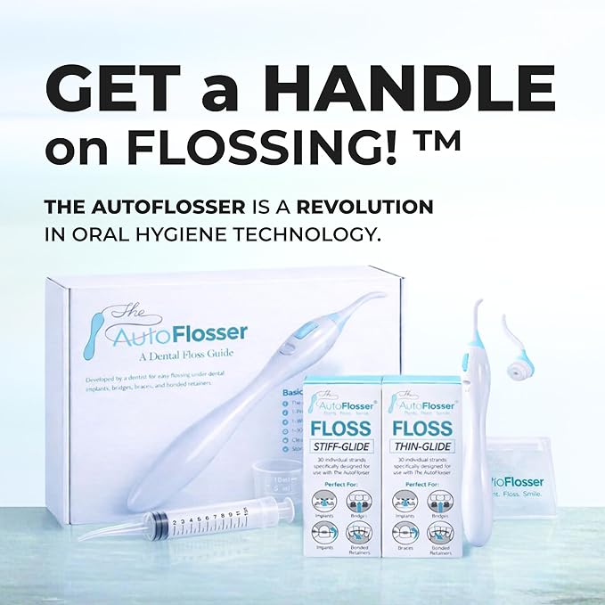 The AutoFlosser Threader Dental Floss Handle Kit - Dentist Designed Manual Flosser with Ergonomic Handle for Implants, Bridges, Braces & Bonded Retainers - Starter Kit with Stiff & Thin Glide Floss