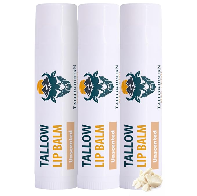 Tallowbourn Moisturizing Tallow Lip Balm – Grass-Fed Beef Tallow with Organic Coconut Oil, Beeswax, and Vitamin E – Unscented Lip Balm Set – Travel Essential - 3-Pack