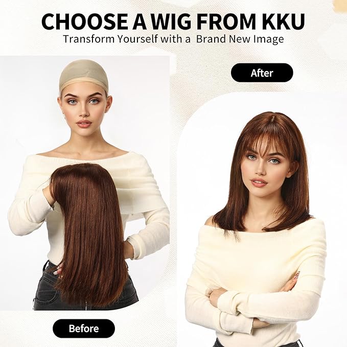 KKU 16 Inch Human Hair Wigs for Women,Layered Straight Hair Wig with Bangs,Wear Natural Realism,Real Hair Wigs