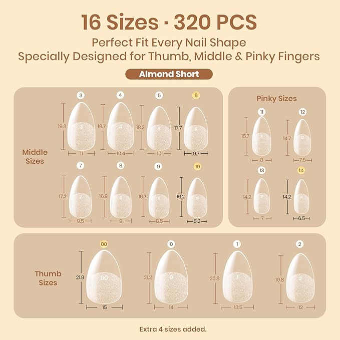 Beetles Gel Nail Tips Flat-X - Almond Short, 320pcs 16 Sizes, Pre-Etched Half Matte Full Cover Soft Acrylic Press on False Nail Extension Tips Easy DIY Salon for Flat & Natural Nail Beds