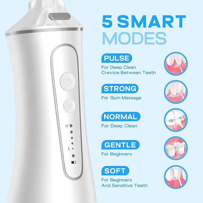 TBPO Water Dental Flosser Cordless, Portable Oral Irrigator with 5 Modes, 300ML Tank, Rechargeable, IPX7 Waterproof, Travel & Home Teeth Cleaner for Braces and Gums