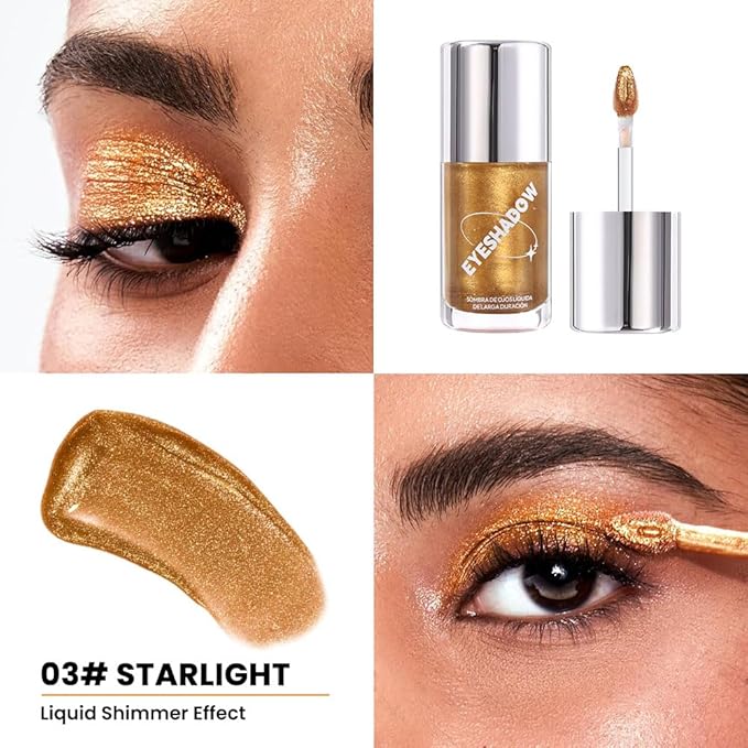 Golden Liquid Metallic Glittler Shimmer Eyeshadow, Longwear Eye Makeup For Older Women, Buildable Highly Pigmented & Blendable Eye Shadow Cream in Shimmer Finishes, Vegan & Cruelty-Free (Golden)
