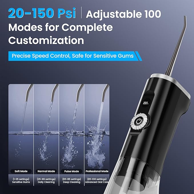 SEESMILE Water Flossers for Teeth, 100-Modes & 150-Psi High Pressure for Teeth Cleaning and Flossing, Portable Dental Floss Water Picks Cordless, 300ML & IPX7 Waterproof Flosser for Braces Kids Black