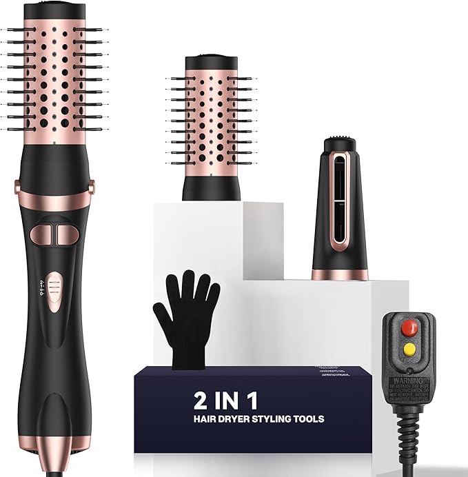 Rotating Hair Dryer Brush 2 in 1 Thermal Blow Brush Set with Auto Rotating 360° Fast Drying Multi-Temperature Settings Detachable Design Heated Hot Air Brush for Curling Volumizing Drying Hair (Black)