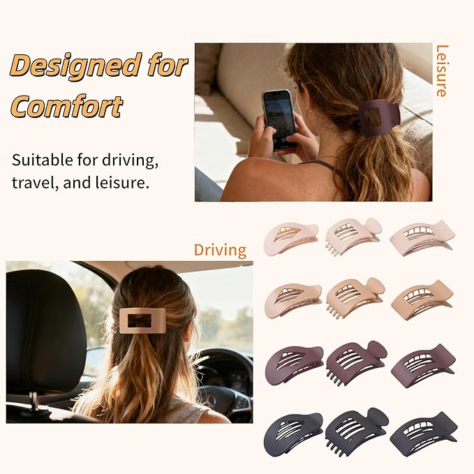 Hair Clips for Women Girls - 12 Pcs 3 Styles Plastic Hair Accessories, Strong Hold Lay Down Matte Flat Claw Clips for Thick Thin Hair Daily Styling