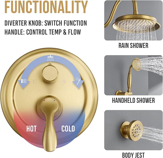 DASAN Antique Shower Faucet Sets Complete Rain Shower System in Wall with Body Shower Spray Jets, Brushed Gold Shower Fixtures with Rainfall Overhead Shower, Handheld, Shower Valve &Trim, AT249C-BTG