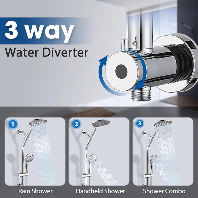 UCLIMAA High Pressure Shower Head with Handheld Shower, 26" Adjustable Height Drill-Free Slide Bar, 3-Way Diverter for Easy Reach, Dual Shower Head Combo Set with 5ft Hose - Chrome