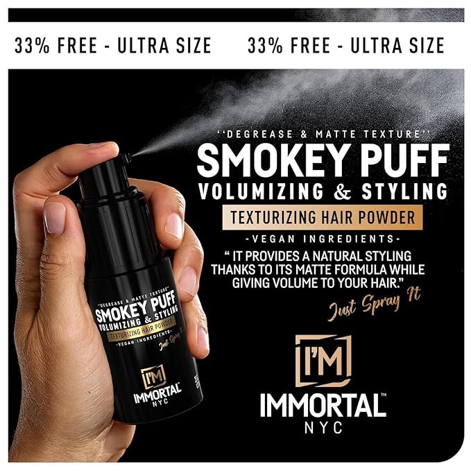 Immortal NYC Smokey Puff Hair Powder – Matte Texturizing & Volumizing Powder for Extra Volume – Vegan, Easy-to-Use, No Residue – 33% Extra Free – Men & Women, All Hair