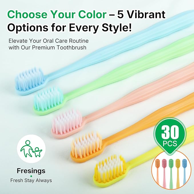 30-Pack Premium Bulk Disposable Toothbrushes, Individually Wrapped, Soft Bristles, Peanut Grip Handle for Travel, Guest Bathroom, Hotel & Emergency Kits, Family, Kids & Adults, Single Use