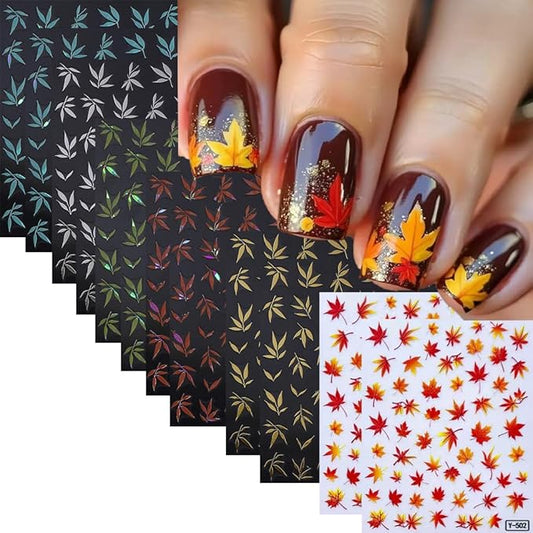 12 Sheets Fall Maple Leaf Nail Stickers 3D Metallic Gold Leaf Nails Decals Leaf Nails Decals Leaves Nail Design Autumn Nails Supplies Floral Nails Accessories for Women DIY Nail Art
