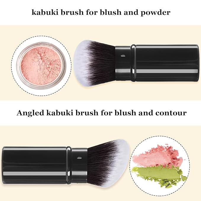 Keriloo Retractable Makeup Brush, 2 Pack Kabuki Travel Powder Foundation Makeup Brush Face Blush Brushes for Blending Liquid, Blush, Bronzer, Buffing, Sunscreen,Flawless Cosmetics
