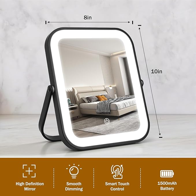 Vanity Mirror with Lights, 10"×8" Makeup Mirror with lights Built-in 1500mAH Battery, HD Mirror, Smart Touch with 3-Color Lighting, Dimmable, Desk Mirror, Women Gift, Travel Essentials (Black)