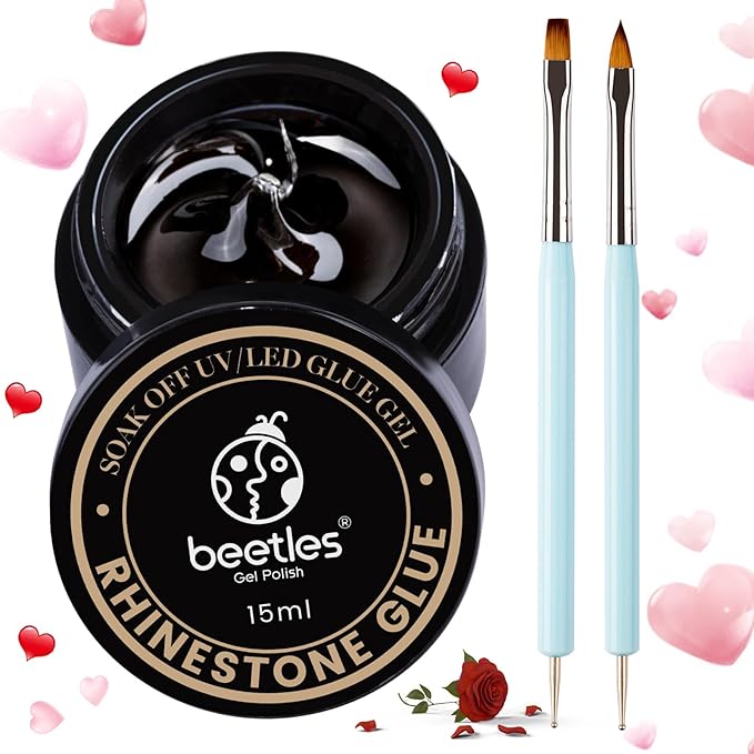 Beetles Rhinestone Glue for Nails with 2 Dual Purpose Brush Pen, 1Pcs 15ml Nail Glue for Nail Art Adhesive Resin Gems Diamonds Jewelry Decoration Soak Off Led Lamp Nails Gifts for Women