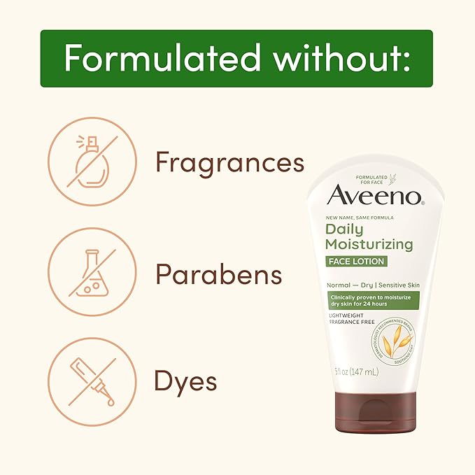 Aveeno Daily Moisturizing Face Lotion with Soothing Prebiotic Oat, Gentle Lotion Nourishes Normal to Dry Skin With Moisture, Facial Lotion for Sensitive Skin, Fragrance-Free, 5 oz