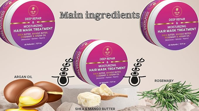 Deep Repair Hair Mask - Moisturizing Treatment with Shea Butter, Mango Butter, Argan Oil & Rosemary - Hydrates & Restores Dry, Damaged Hair - 10 fl oz