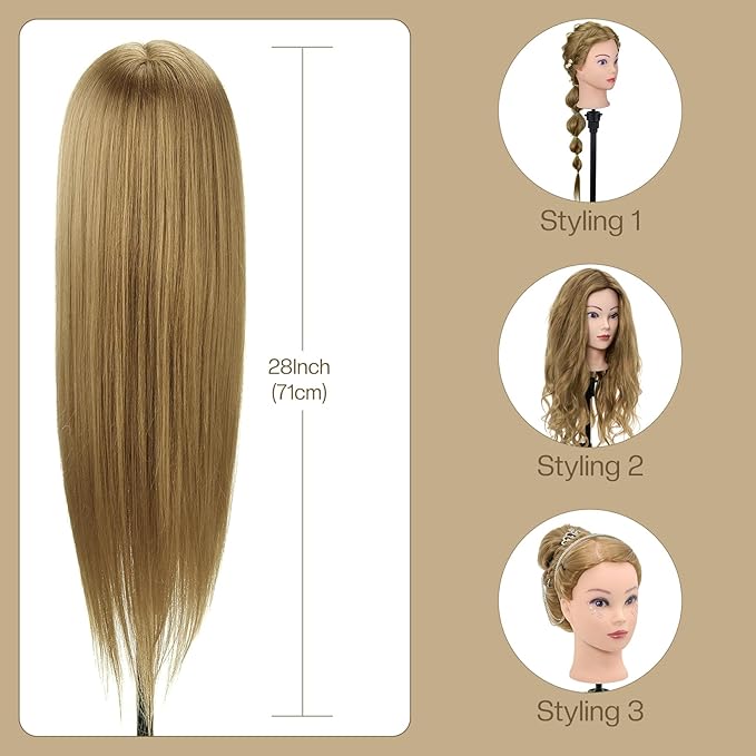 28 Inch Mannequin Head 80% Human Hair with Tripod Stand,Mannequin Cosmetology Manikin Practice Doll Head with stand,Braiding Hairdressing Head for Hair Styling with Table Clamp + DIY Hair Styling Set
