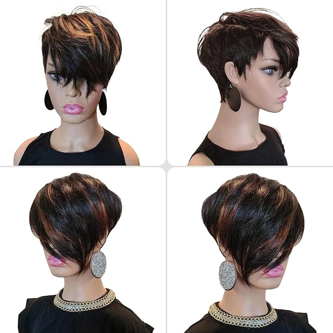 Short Pixie Cut Wig for Black Women Human Hair Nature looking Black Mixed Blonde Highlights Short Layered Side Part none lace front glueless Bob Cut Wig Brazilian Virgin Hair