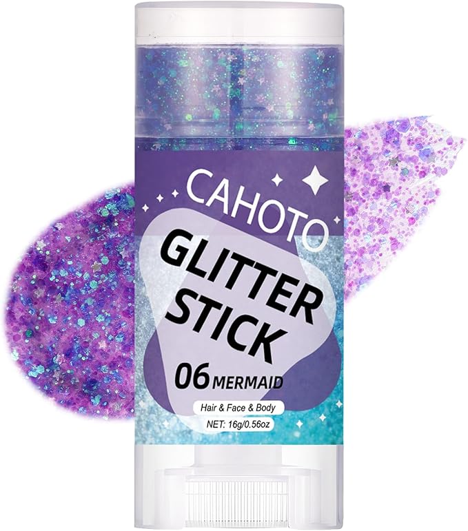 Mermaid Face Body & Hair Glitter Stick for Singer Concert Outfit, Purple Shimmer Stick Gel for Women, Sparkling Chunky Sequins for Fairy Dust Makeup Rave Festival Carnival Halloween, 0.56oz
