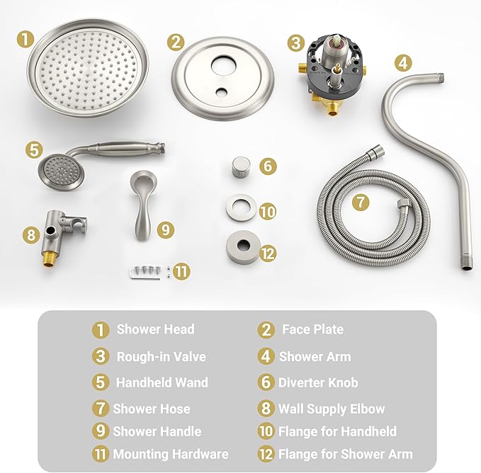 DASAN Brushed Nickel Rain Shower System Complete Antique Shower Faucet Sets, Shower Fixtures Combo Set with Pressure Balance Valve, Trim Kit, 9’’ Rainfall Overhead Shower & Handheld, AT209W-BN