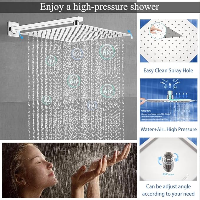 YCAIKOI Shower Faucet Set 16 Inch Wall Mount Rain Shower System, All Metal Shower Fixtures - Polished Chrome