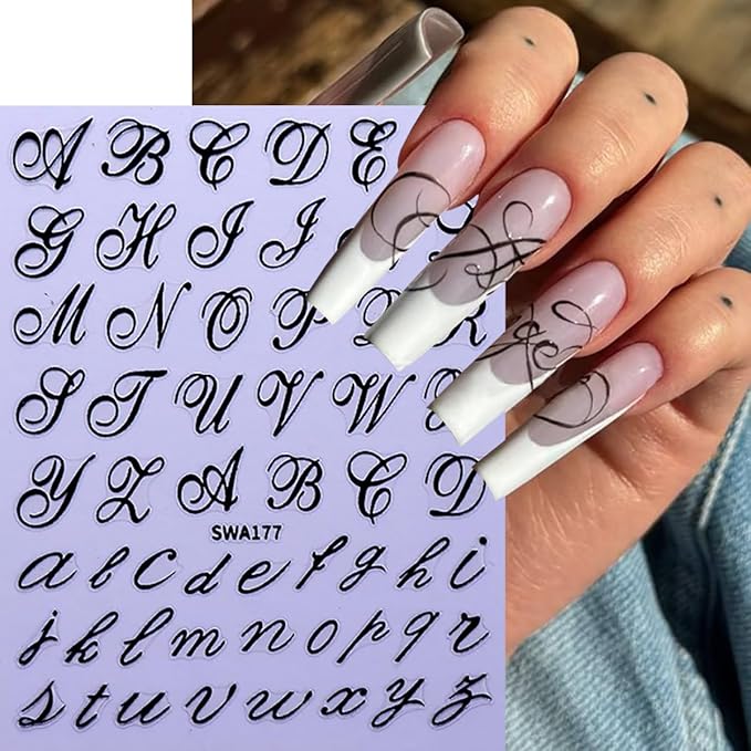 8 Sheets Letter Nail Stickers Retro English Letter Nail Decals 3D Self-Adhesive Black Red Blue Gold English Alphabet Nail Art Stickers Letters Sticker DIY Manicure Decoration Accessories for Women