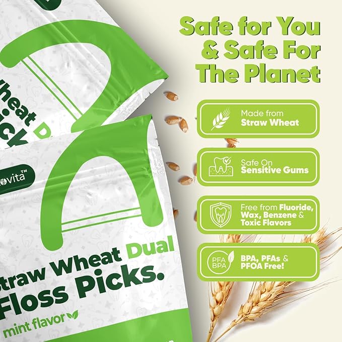Dual Line Dental Floss Picks - Straw Wheat Flossers | Thin & Shred-Resistant Thread for Tight Gaps | Dental Flossers for Adults | Gentle on Gums & Teeth (200 Pack, Mint)
