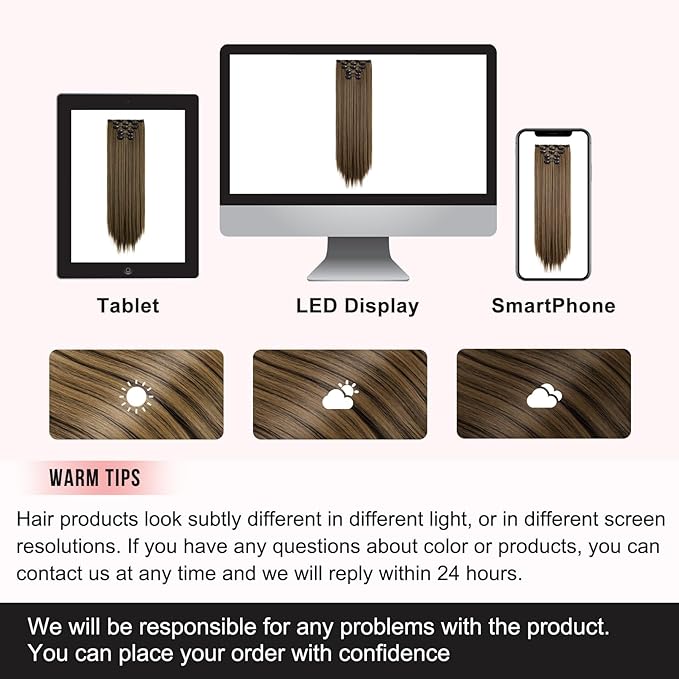 FLUFYMOOZ 6PC Clip in Hair Extensions 24" Straight Long Extensions for Women Synthetic Hairpiece (Black Brown with Highlights)