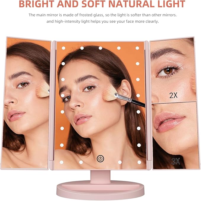 Trifold Makeup Mirror Vanity Mirror with Lights,1X 2X 3X Magnification,Touch Control,Adjustable Rotation,Dual Power Supply,Portable Travel Cosmetic Mirror,Birthday Gifts for Women,Teengirls