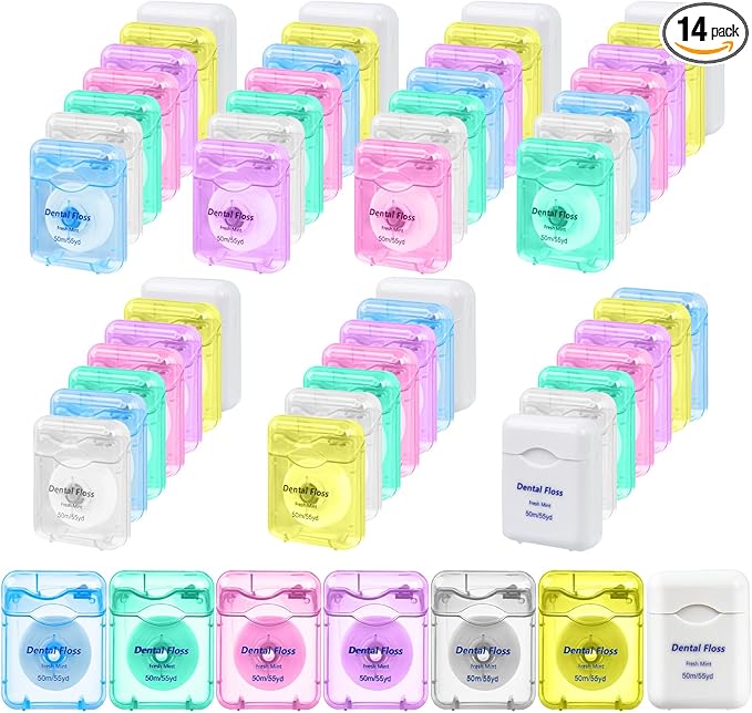 Dental Floss Bulk Travel,50m/55yd Floss in Bulk Mint Flavored Travel Dental Floss Waxed Oral Care for Adults Homeless Teeth Giveaways Kids Patients (7 Colors,Pack of 14)