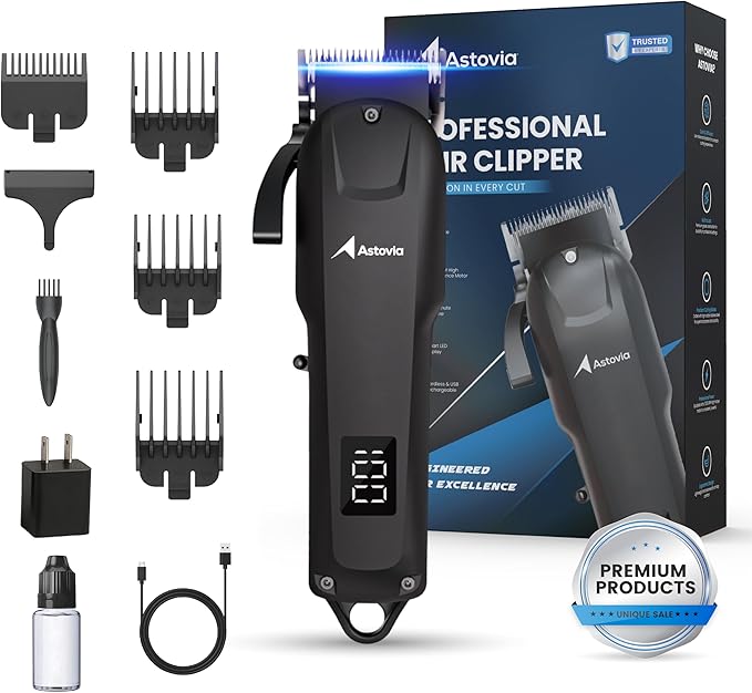 Professional Hair Clippers for Men – Zero-Gap Adjustable Blade, Long-Lasting 300-Min Battery, Quiet + Powerful Motor, LED Display – Cordless Barber Clipper for Fades & Lineups