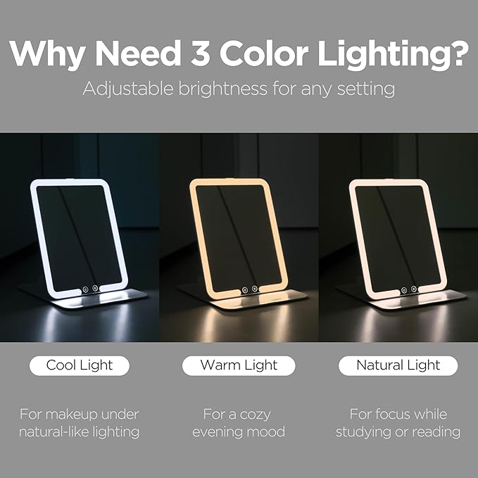 mooas Travel Makeup Mirror, Portable LED Lighted Vanity Mirror, 6.1×7.83 in Slim Foldable Mirror with Touch Control, 3-Color Dimmable Lighting, Rechargeable USB-C, Pouch Included, White (Square)