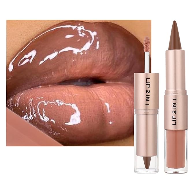 Lip Liner Gloss Lip Combo Sets Kit,Nude Brown Lip Liner and Brown Gloss Set, lip combo sets for black women, High Pigmented Long Lasting Plumping Lip Gloss Lipstick Waterproof Lip Combo 06