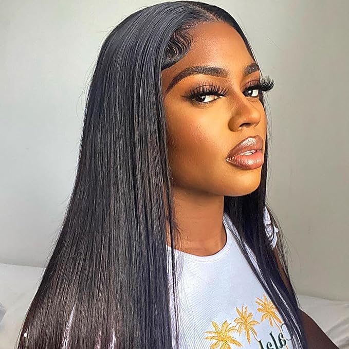 Real Wear and Go Glueless Wig Human Hair Straight, 6x4 Pre-Cut Lace Ready to Go Glueless Wigs Pre-Plucked, HD Transparent No Glue Lace Front Closure Wigs for Women 200% Density 34 Inches