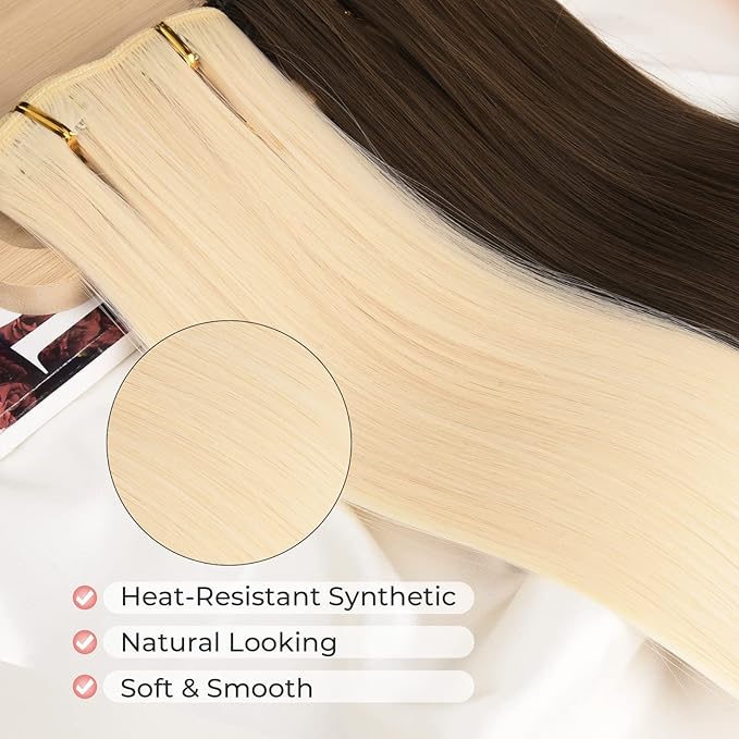 Clip in hair extensions，LONAI 6PCS Straight 24" Blonde Hair Extensions for Women，Heat Resistant Synthetic Hairpiece-Platinum Blonde