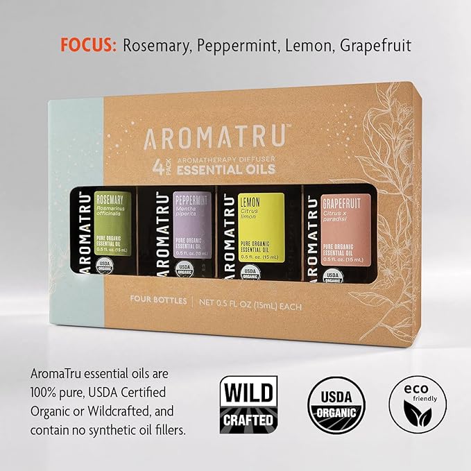 Focus Essential Oil Kit – Rosemary, Peppermint, Lemon, and Grapefruit – Organic & Wildcrafted – ISO Certified – No Synthetic Fillers – Ethically Sourced