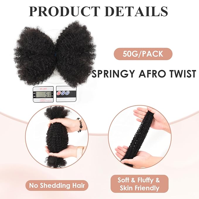 Teresa Springy Afro Twist Human Hair for Braids and Dreadlocks, Natural and Soft pre Fluffed Spring Twist Hair Can be Dyed and Bleached (14 Inch, 50g/Pack)