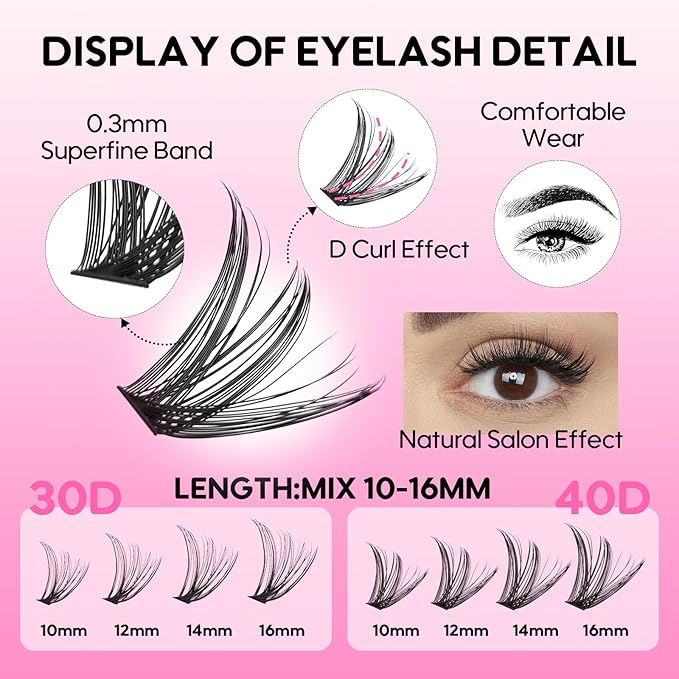 Lash Extensions Cluster DIY Lashes 240pcs 30D 40D 10-16mm Eyelash Clusters Individual Lashes Lash Kit Think Band Lash Kit(30D+40D Kit)
