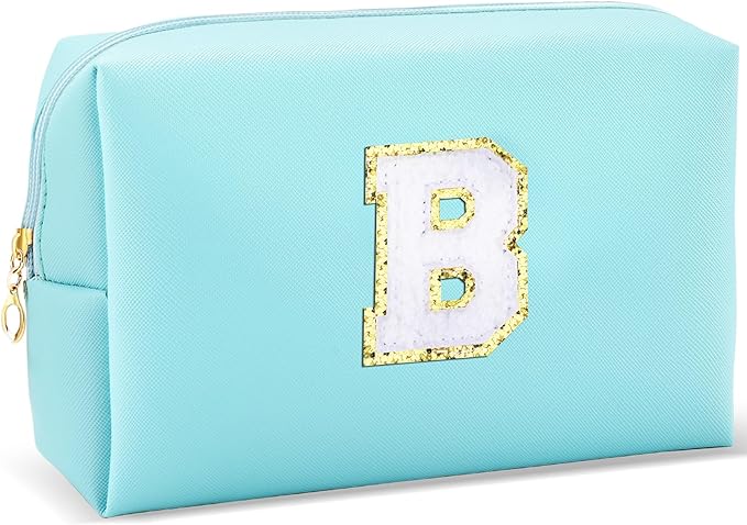 URSKYTOUS Gifts for Girls Initial Makeup Bag Personalized Cosmetic Bag with Zipper Cute Travel Toiletry Bag Waterproof PU Preppy Makeup Pouch Birthday Gift for Teen Girls Women(Blue B)