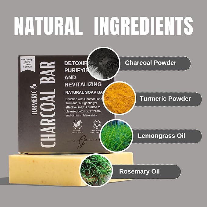 Turmeric Charcoal Bar – Natural Face & Body Soap for Acne, Dark Spots & Detox | Even Skin Tone | Deep Cleansing | Handmade, Organic, Vegan with Activated Charcoal & Turmeric (1)