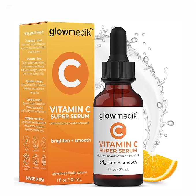 GlowMedik Vitamin C Serum for Face – Anti Aging Brightening Formula with Hyaluronic Acid, Vitamin E – Gentle for Sensitive Skin – Improves Dark Spots, Fine Lines & Wrinkles, Made in USA 30ml 1 fl oz