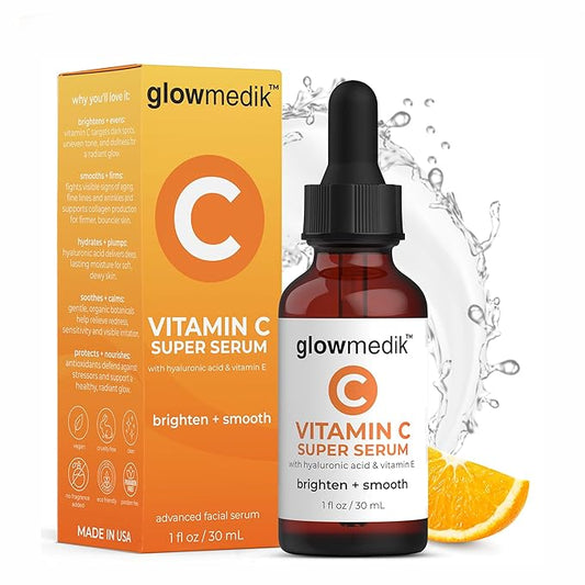 GlowMedik Vitamin C Serum for Face – Anti Aging Brightening Formula with Hyaluronic Acid, Vitamin E – Gentle for Sensitive Skin – Improves Dark Spots, Fine Lines & Wrinkles, Made in USA 30ml 1 fl oz