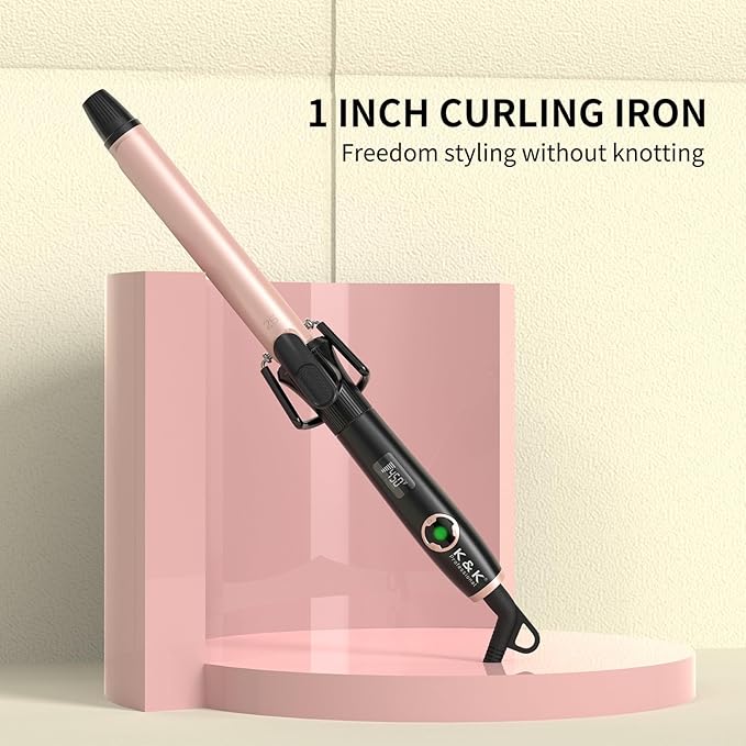 1 Inch Curling Iron with Clipped Tourmaline Ceramic Barrel Professional 1 Inch Hair Curler up to 450°F Dual Voltage for Traveling 60 Mins Auto Off Suit for Different (Rose Gold, 1 inch)