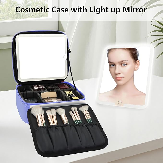 SLUMAZI Travel Makeup Bag with LED Mirror Travel Makeup Organizer with 3 Lighted Settings, Adjustable Dividers and Makeup Brush Storage Bag Dark Blue