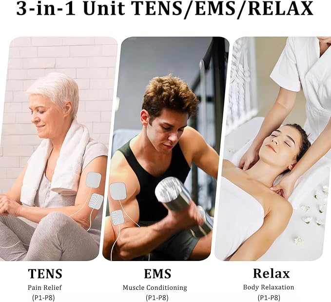 Dual Channel TENS EMS Unit 40 Intensities for Gradual Pain Relief Therapy, 24 Modes Muscle Stimulator, Electronic Pulse Massager with 8 Pads, Dust-Proof Drawstring Storage Bag