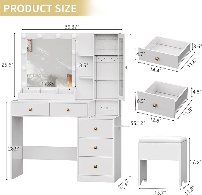 Vanity Desk with Mirror and Lights, Makeup Vanity Table Set with 5 Storage Drawers, Power Outlet & Chair, Small Dressing Table with RGB Ambient Light, Adjustable Brightness for Girls Bedroom, White